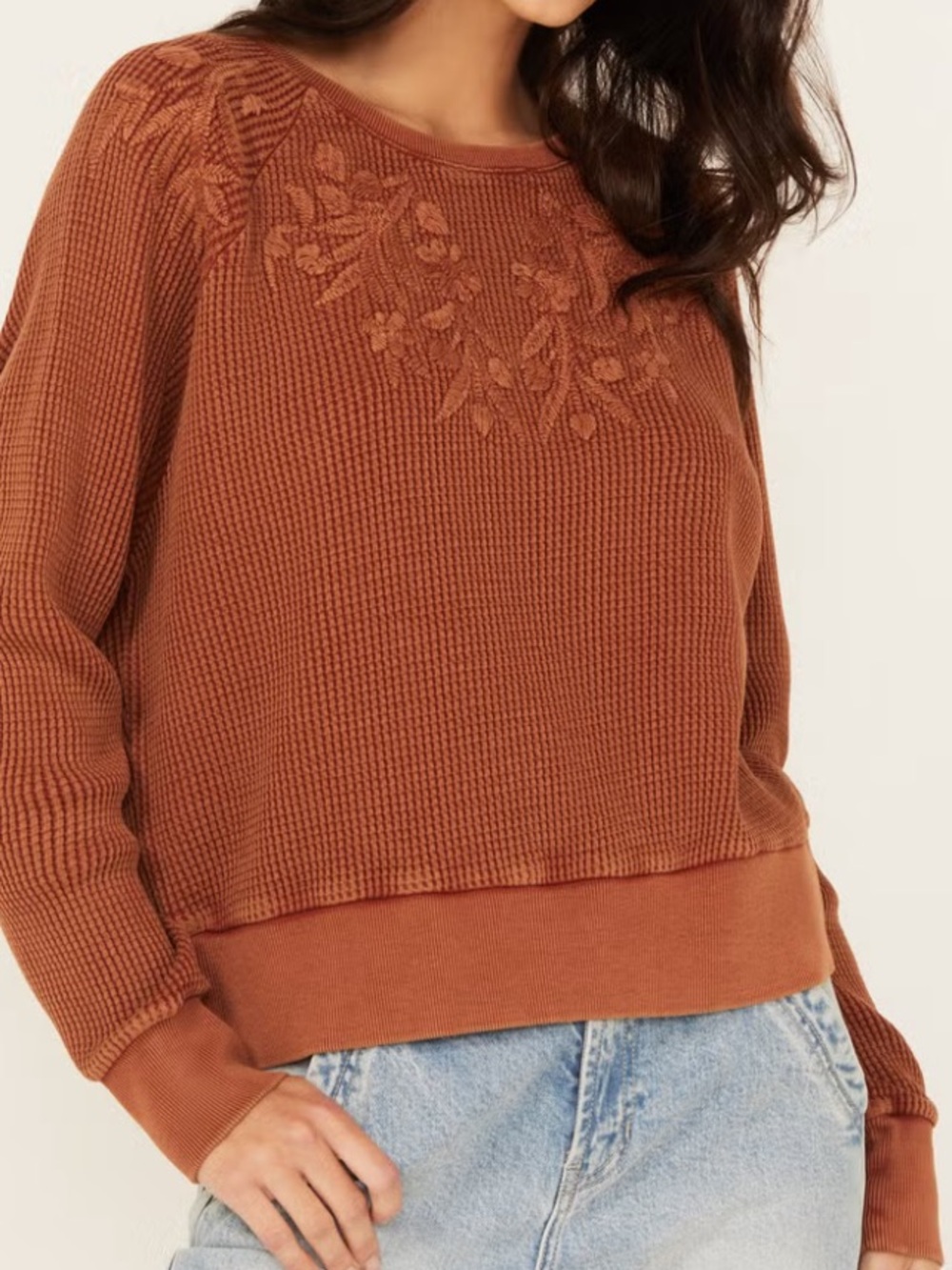 CLEO + WOLF Sweater Womens L Orange Waffle Knit Embroidered Floral Raglan